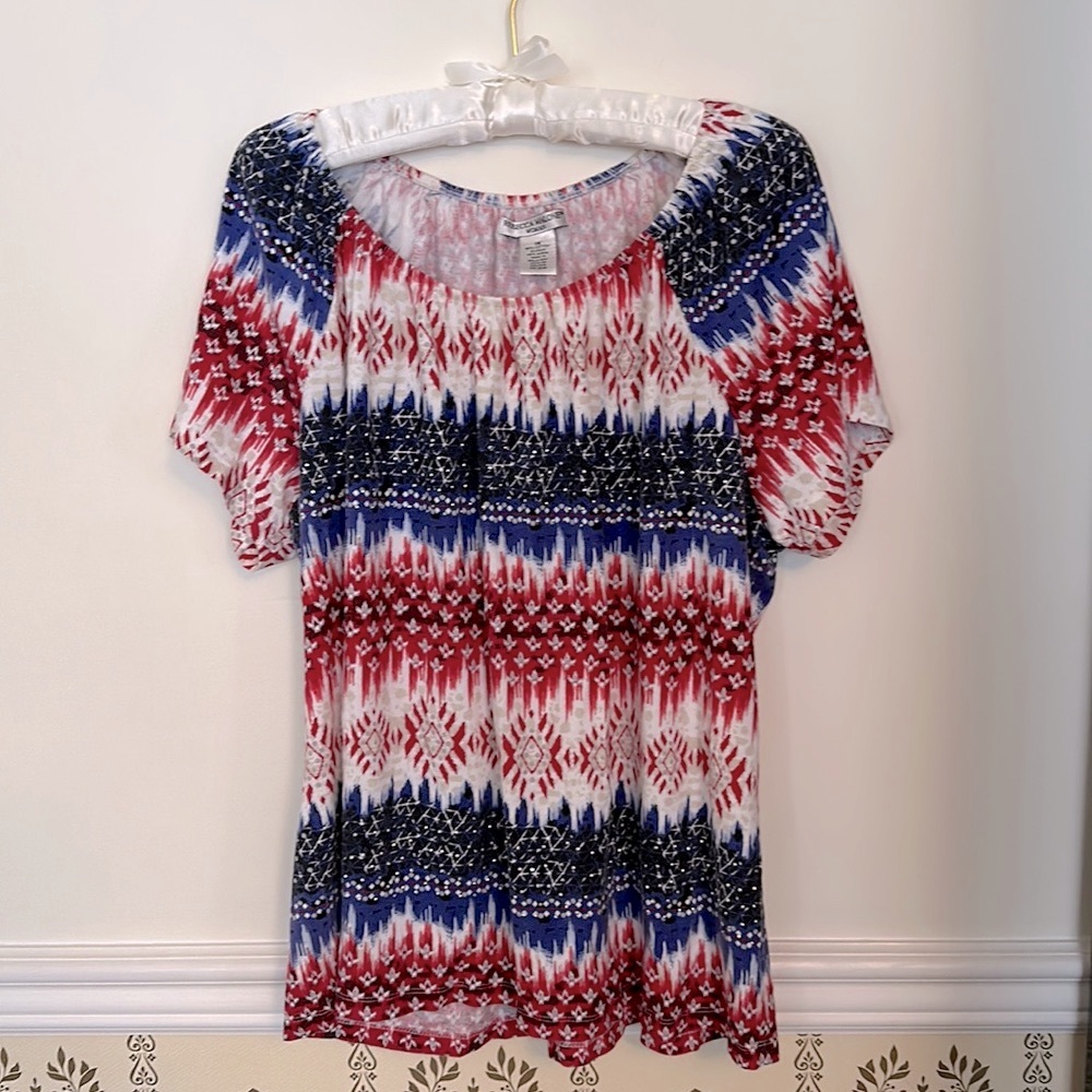 Rebecca Malone Short Sleeve Fourth of July Shirt 1X Red White Blue Metal Beads